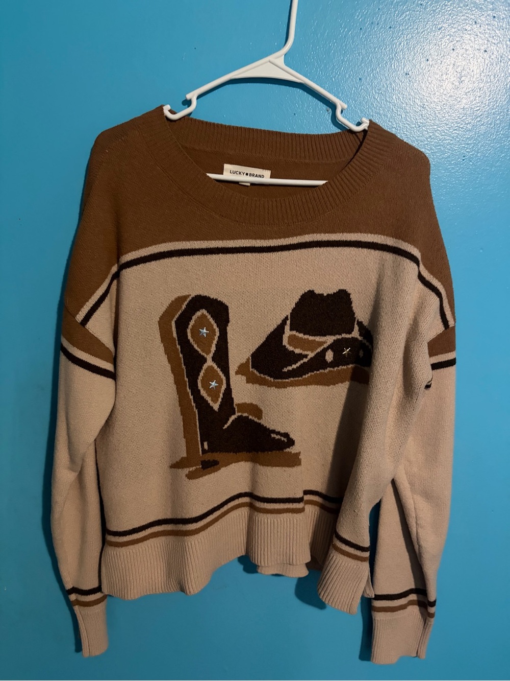 Lucky Brand Tan & Brown Western Boot & Hat Crewneck Sweater
